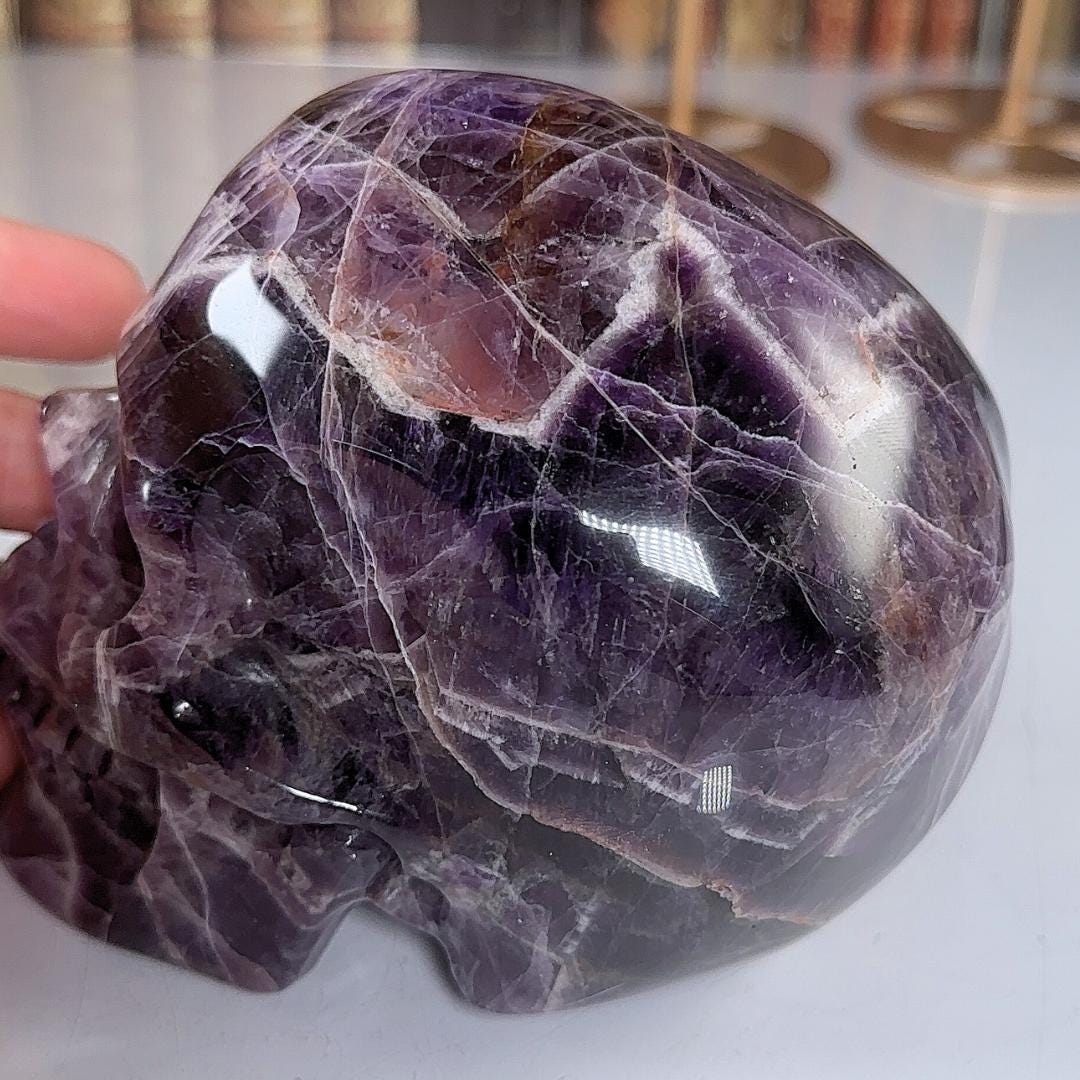 XL Amethyst Crystal Skull Carving, Chevron Healing Quartz Crystal Dream Amethyst Altar Feng Shui Altar Energy