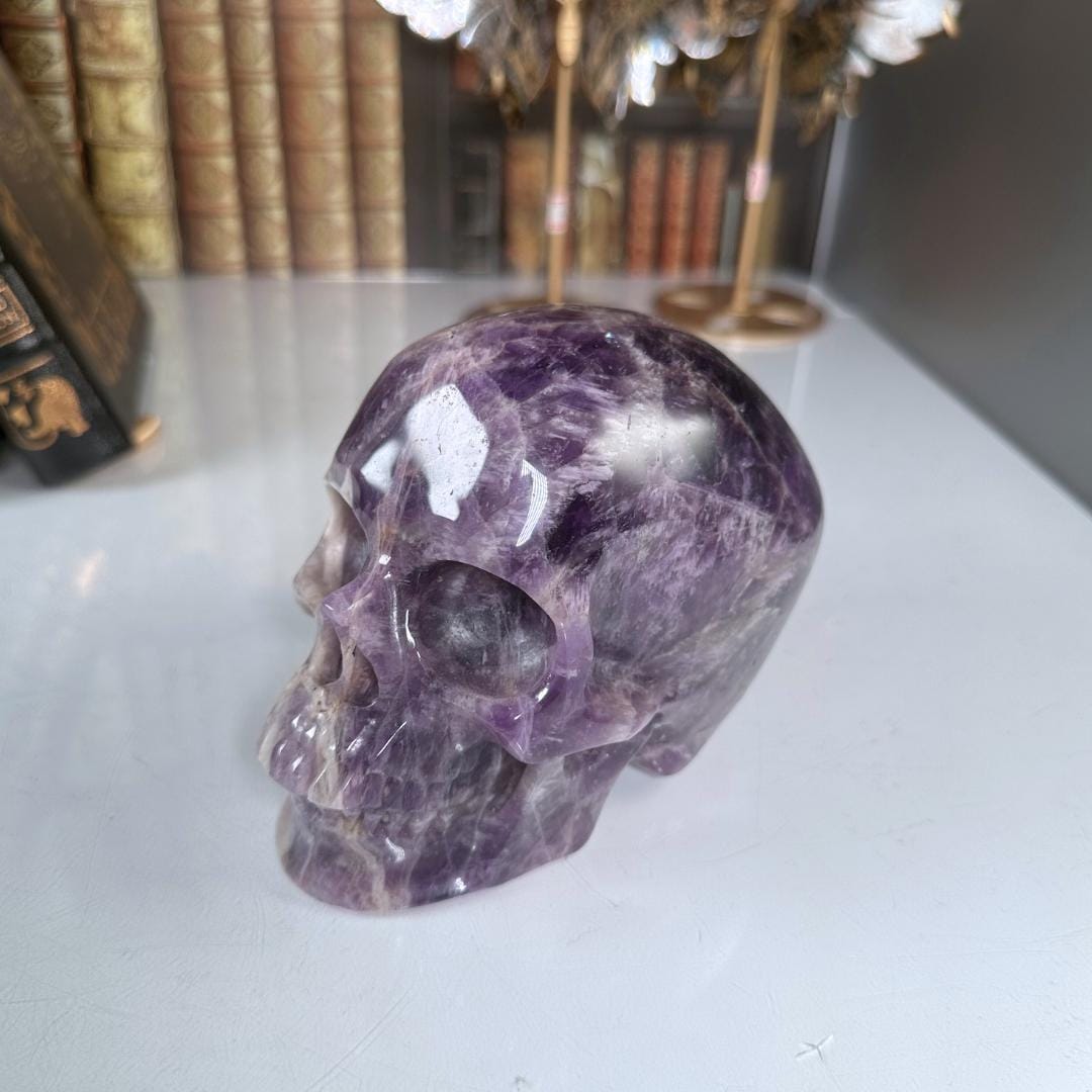 XL Amethyst Crystal Skull Carving, Chevron Healing Quartz Crystal Dream Amethyst Altar Feng Shui Altar Energy