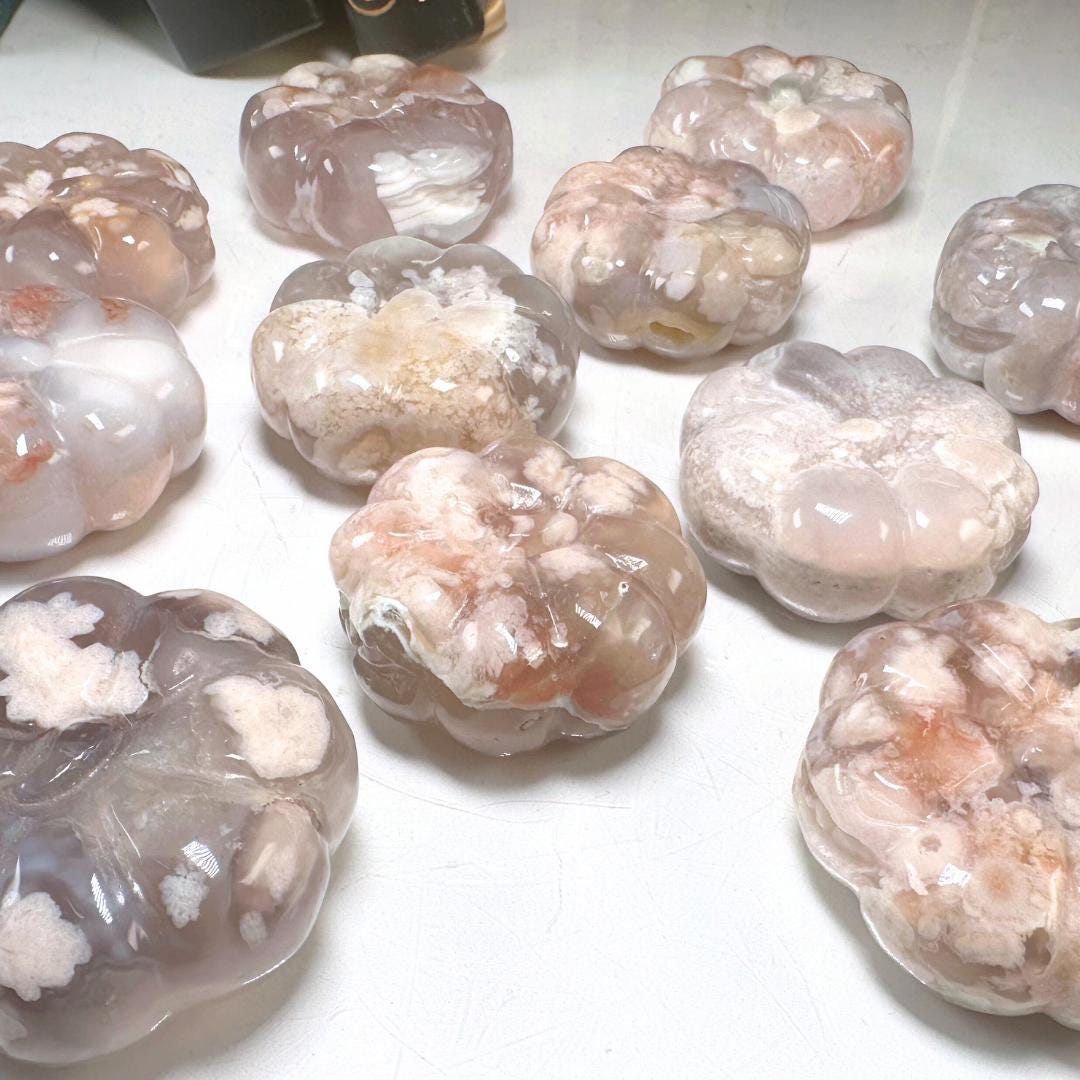 Flower Agate Pumpkins Crystal Carving | US Seller