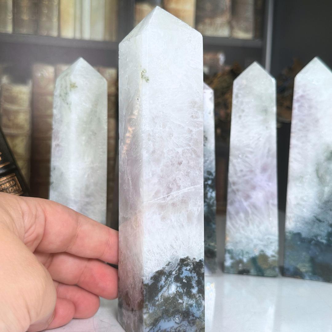 Moss Agate With Amethyst Tower Crystal | Point Green Crystal Tower Healing | US Seller