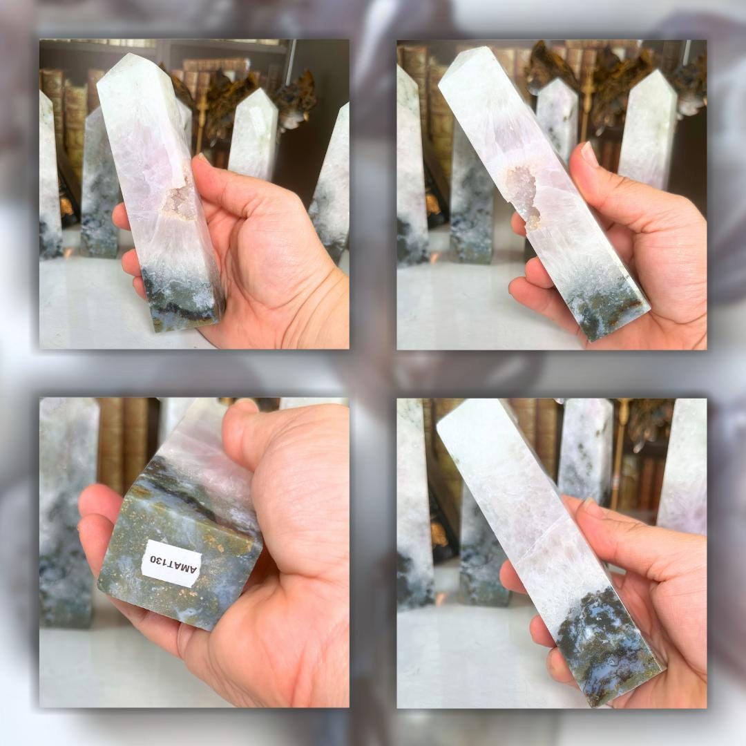 Moss Agate With Amethyst Tower Crystal | Point Green Crystal Tower Healing | US Seller