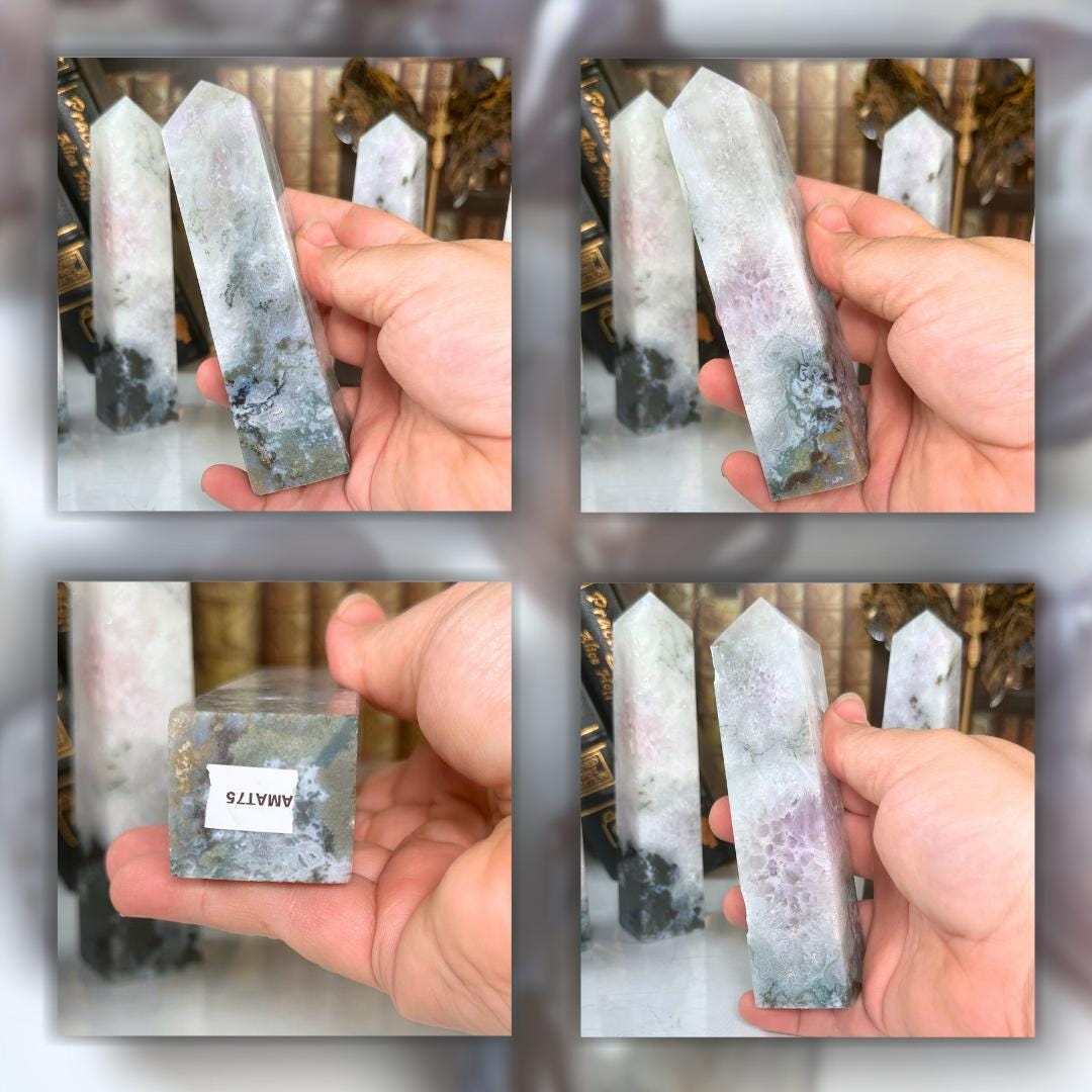 Moss Agate With Amethyst Tower Crystal | Point Green Crystal Tower Healing | US Seller