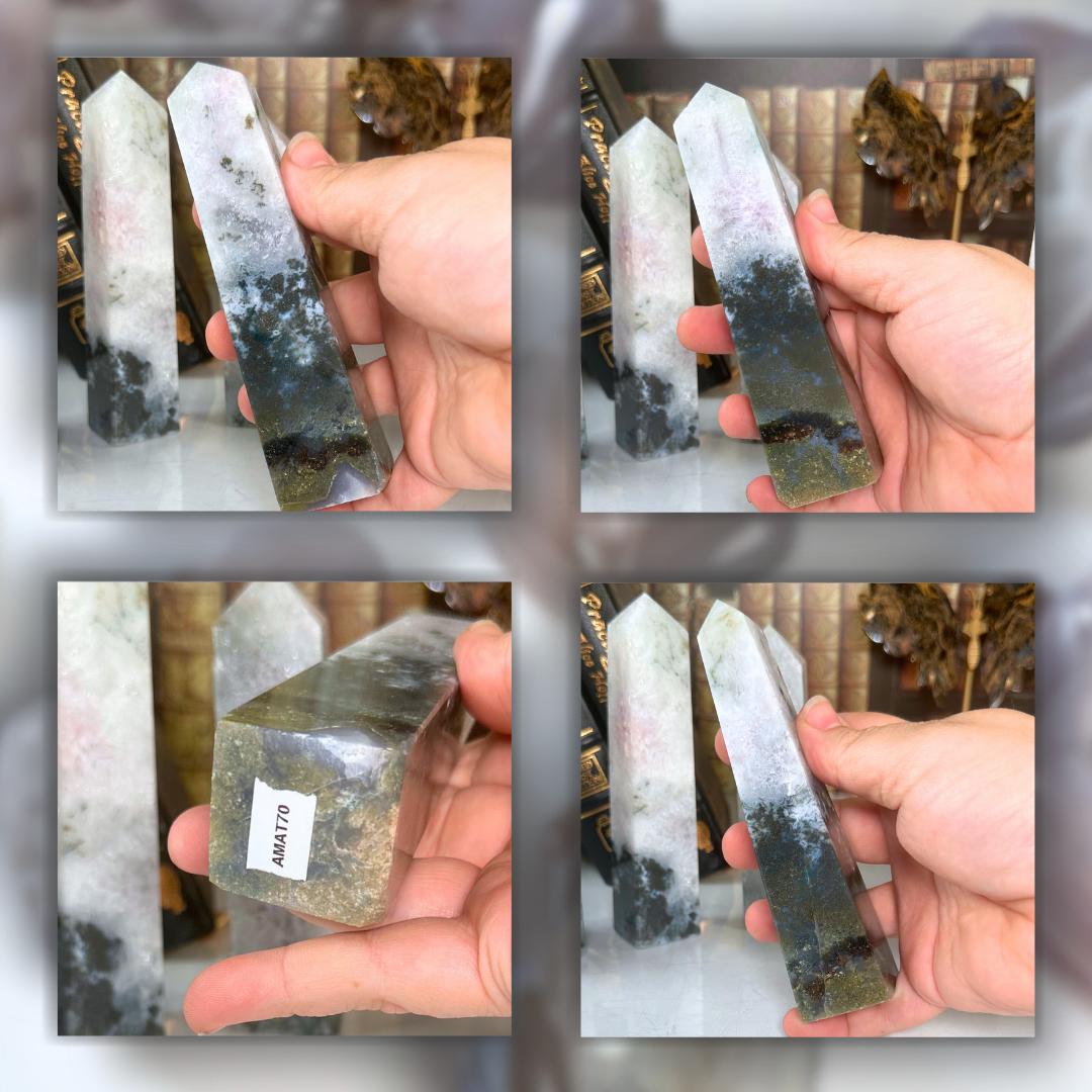 Moss Agate With Amethyst Tower Crystal | Point Green Crystal Tower Healing | US Seller