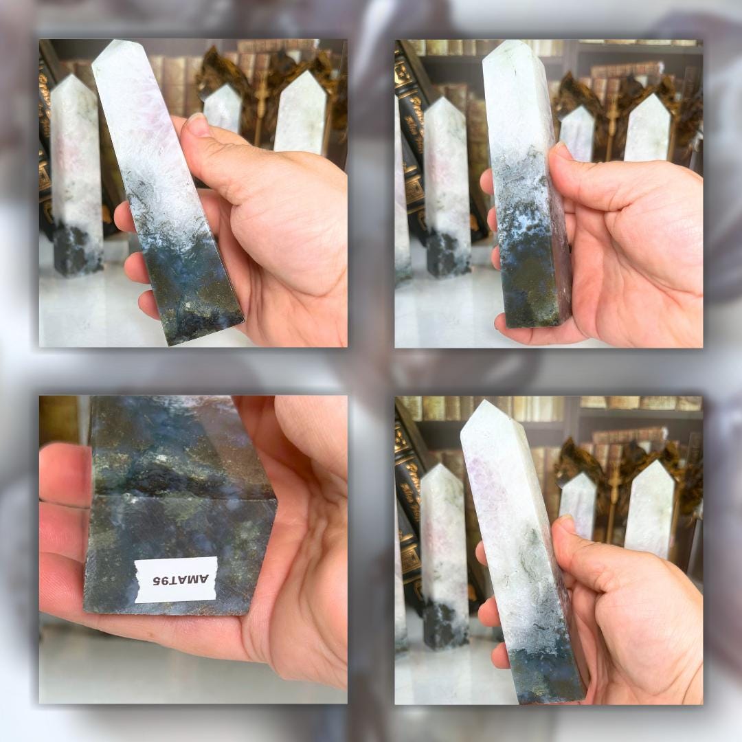 Moss Agate With Amethyst Tower Crystal | Point Green Crystal Tower Healing | US Seller