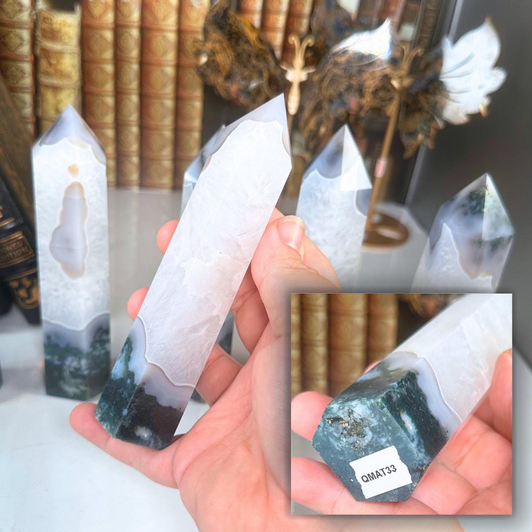 Moss Agate Quartz Tower Crystal | Point Green Crystal Tower Healing | US Seller