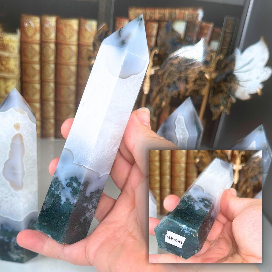 Moss Agate Quartz Tower Crystal | Point Green Crystal Tower Healing | US Seller