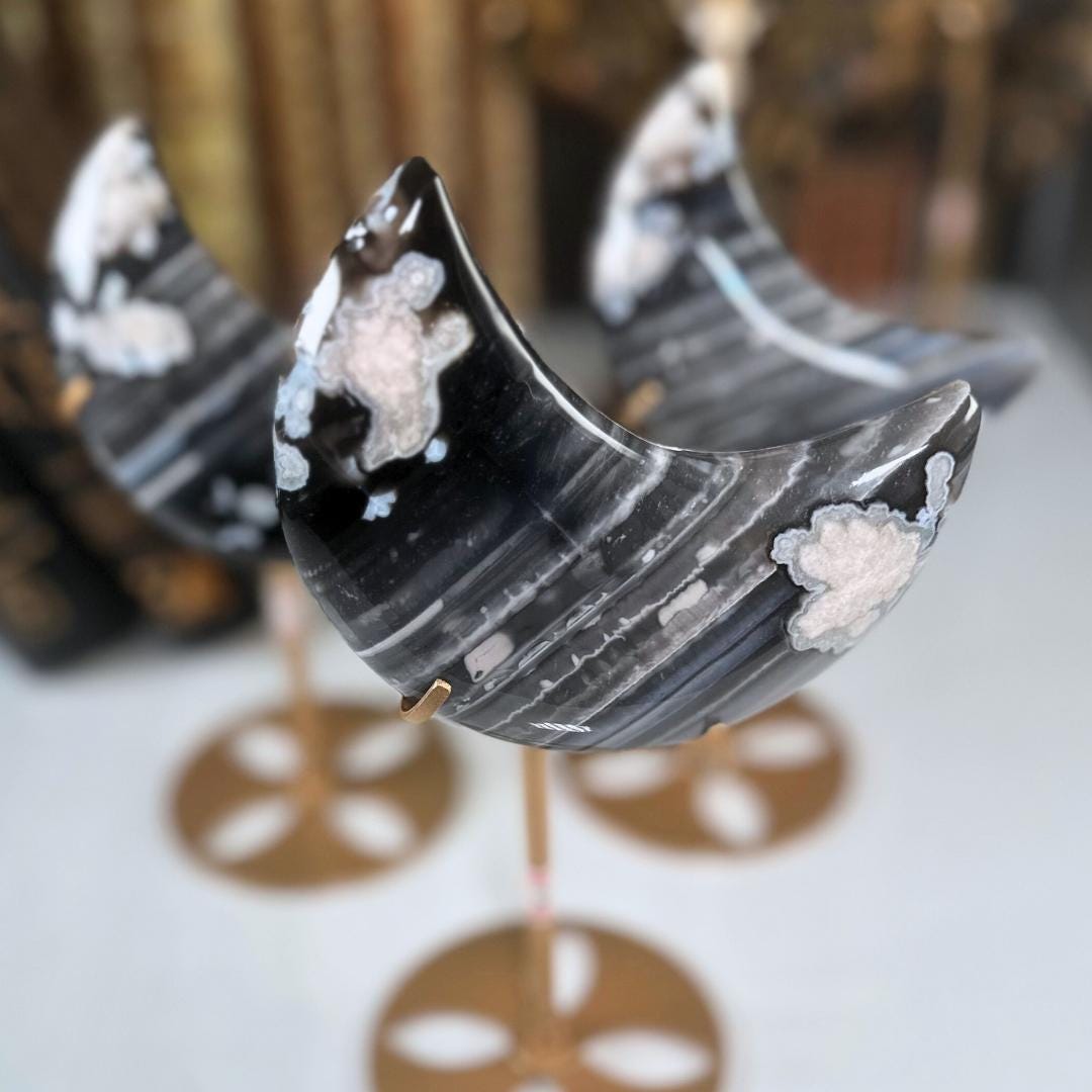 Black Flower Agate Moon With Stand | High Quality Crystal | Flower Agate | US Seller