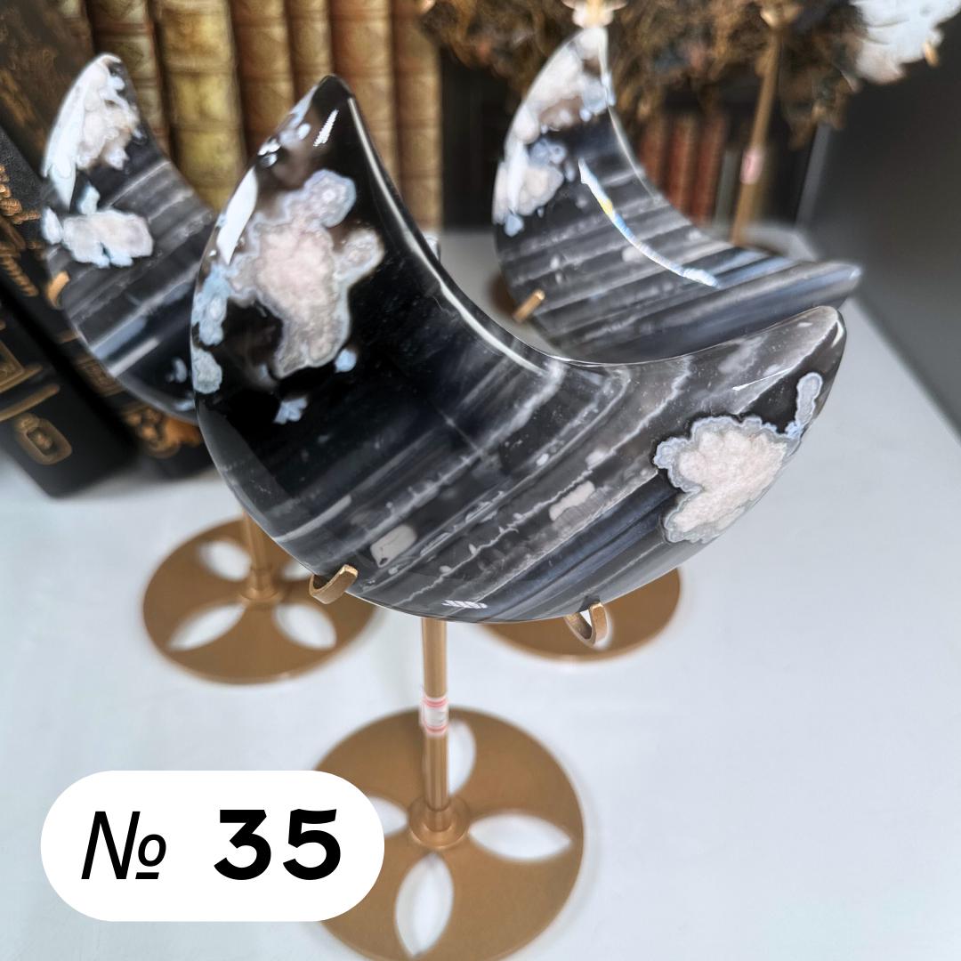 Black Flower Agate Moon With Stand | High Quality Crystal | Flower Agate | US Seller