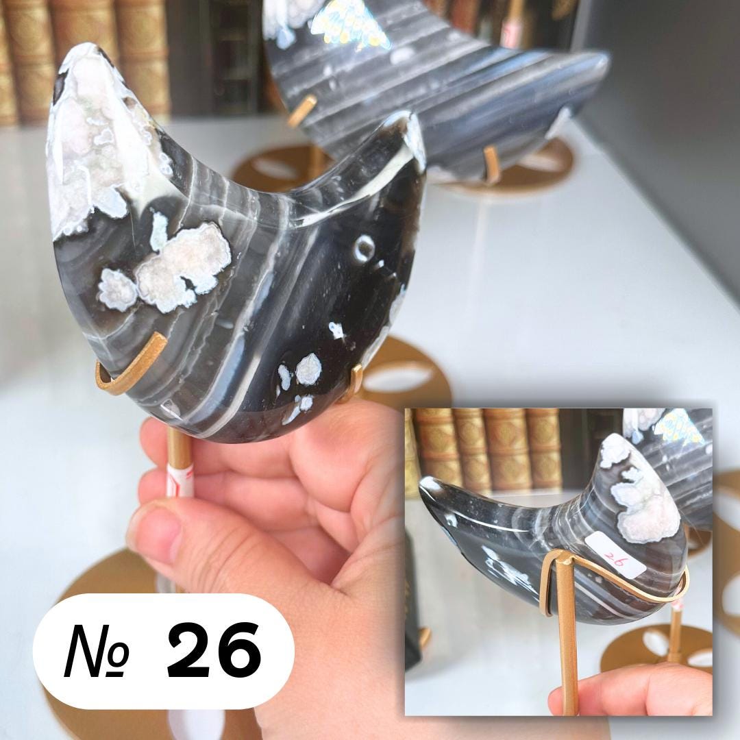 Black Flower Agate Moon With Stand | High Quality Crystal | Flower Agate | US Seller