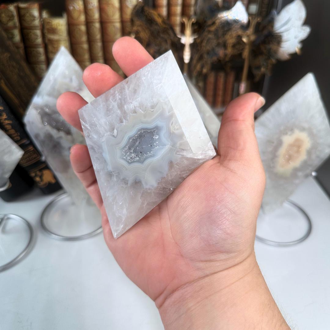 Druzy Agate Diamond On Stand | Crystal Carving | Geode Statement Piece | US Seller