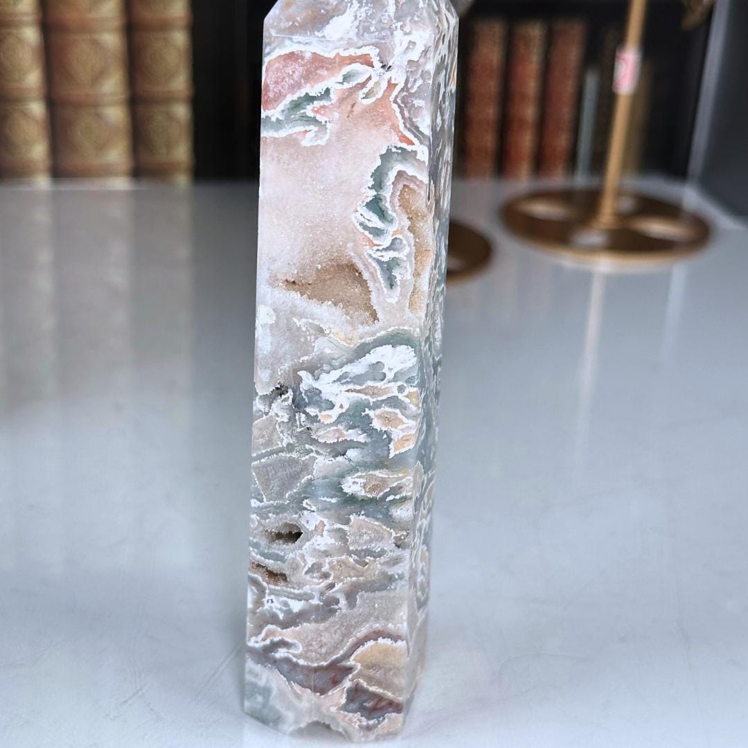 Large Pink Moss Agate Tower | US Seller | Crystal Gemstone Throat Chakra Energy Healing Altar Feng Shui