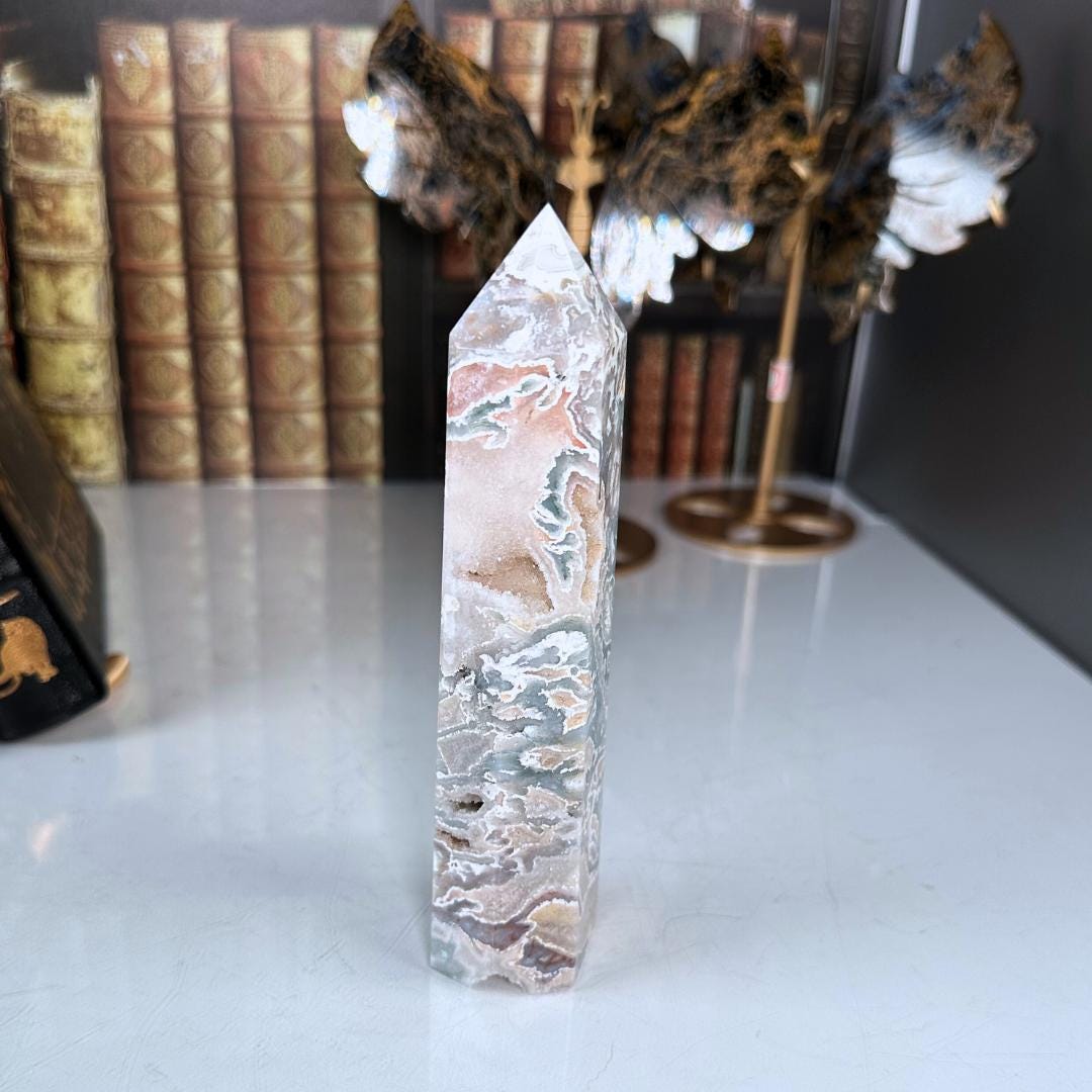 Large Pink Moss Agate Tower | US Seller | Crystal Gemstone Throat Chakra Energy Healing Altar Feng Shui