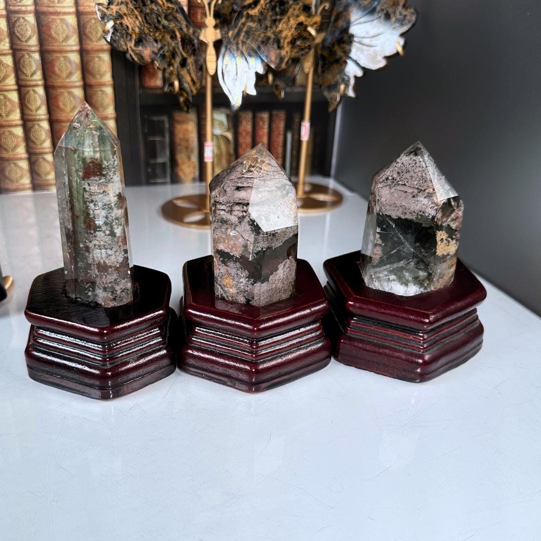 Garden Quartz Towers With Stand | Lodolite With Inclusions Crystal Carving