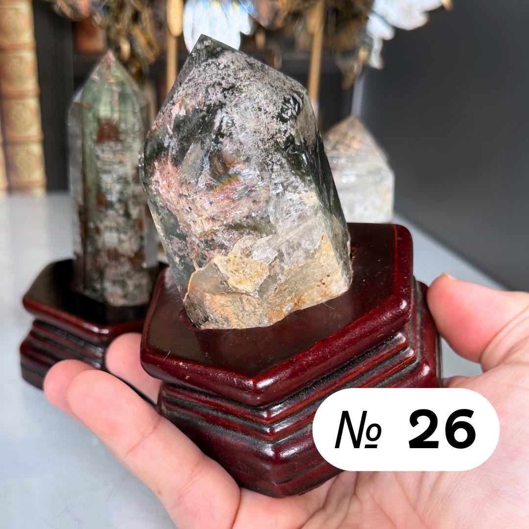 Garden Quartz Towers With Stand | Lodolite With Inclusions Crystal Carving