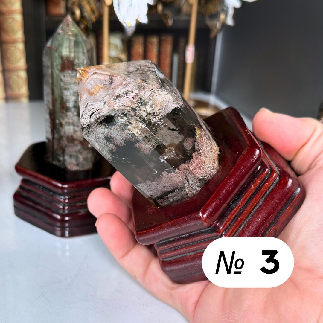 Garden Quartz Towers With Stand | Lodolite With Inclusions Crystal Carving