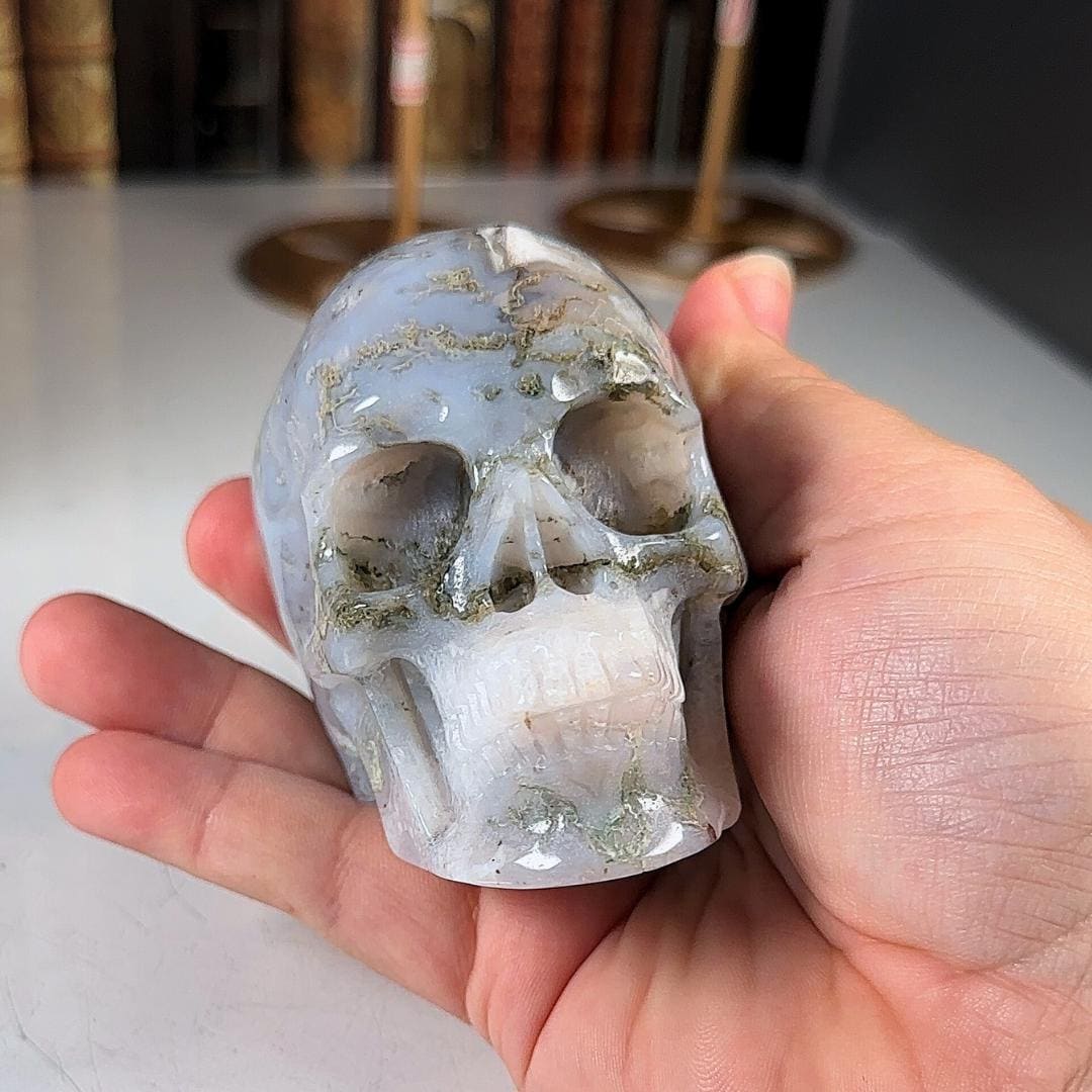 Blue Moss Agate Skull Healing Crystal Druzy Moss Agate Carving Stone Statue Energy Goddess Body Energy Reiki Altar