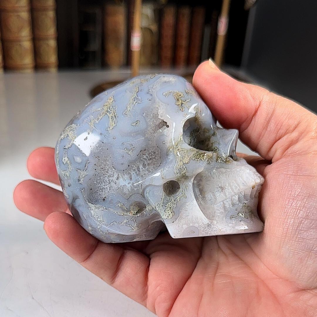 Blue Moss Agate Skull Healing Crystal Druzy Moss Agate Carving Stone Statue Energy Goddess Body Energy Reiki Altar