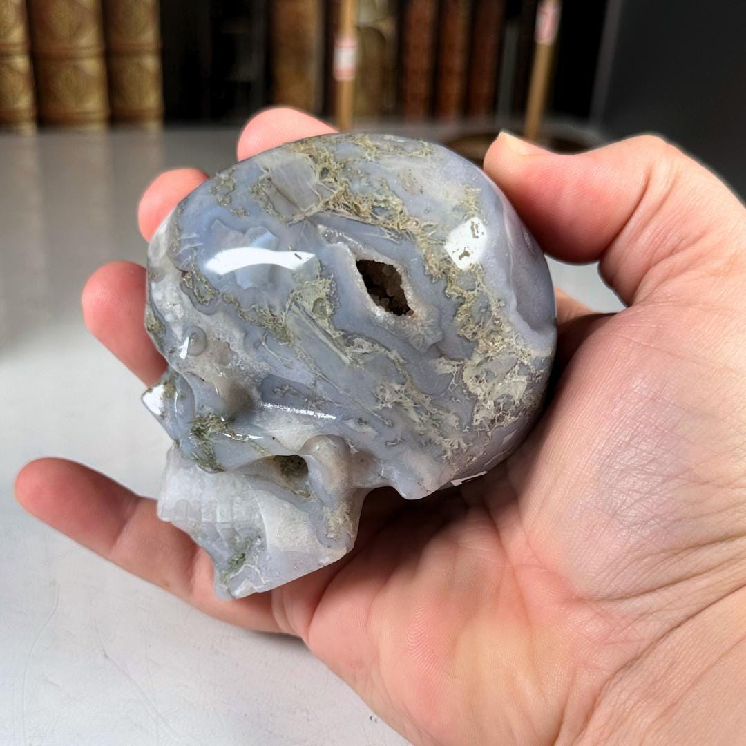 Blue Moss Agate Skull Healing Crystal Druzy Moss Agate Carving Stone Statue Energy Goddess Body Energy Reiki Altar
