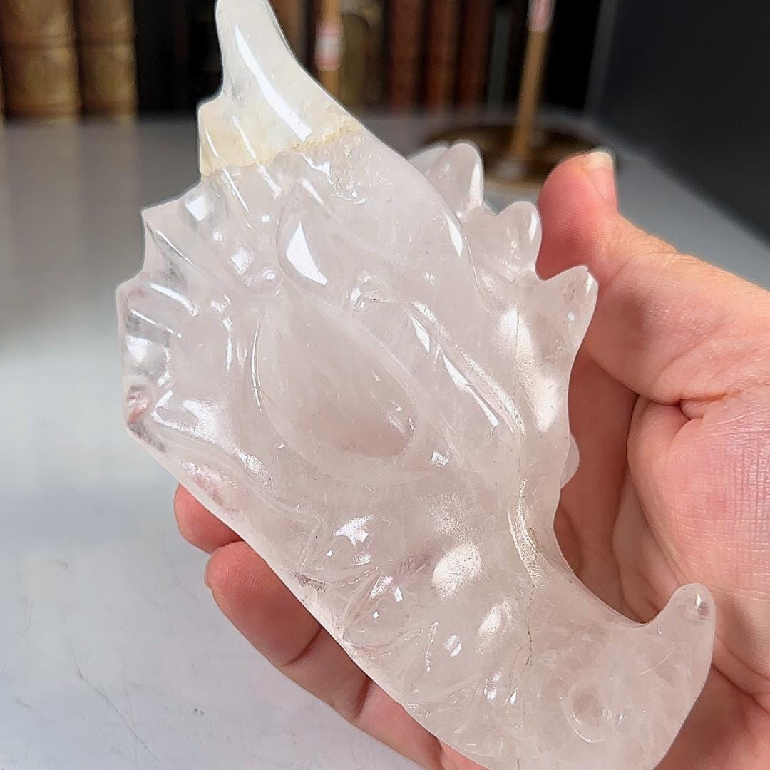 Clear Quartz Dragon Head | Healing Crystal Carving | Stone Statue Energy Goddess Body Energy Reiki Altar
