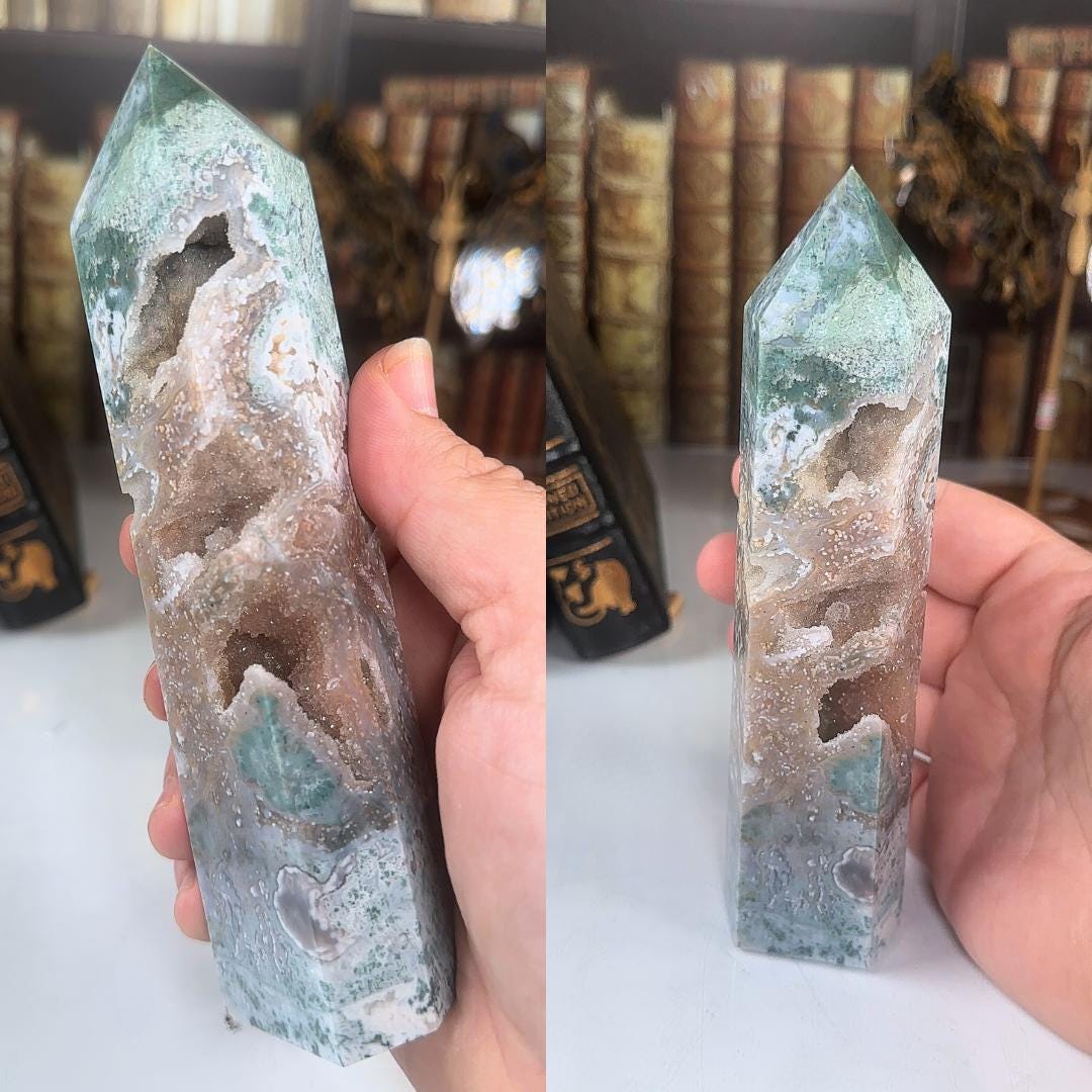 Large Pink Moss Agate Tower | US Seller | Crystal Gemstone Throat Chakra Energy Healing Altar Feng Shui