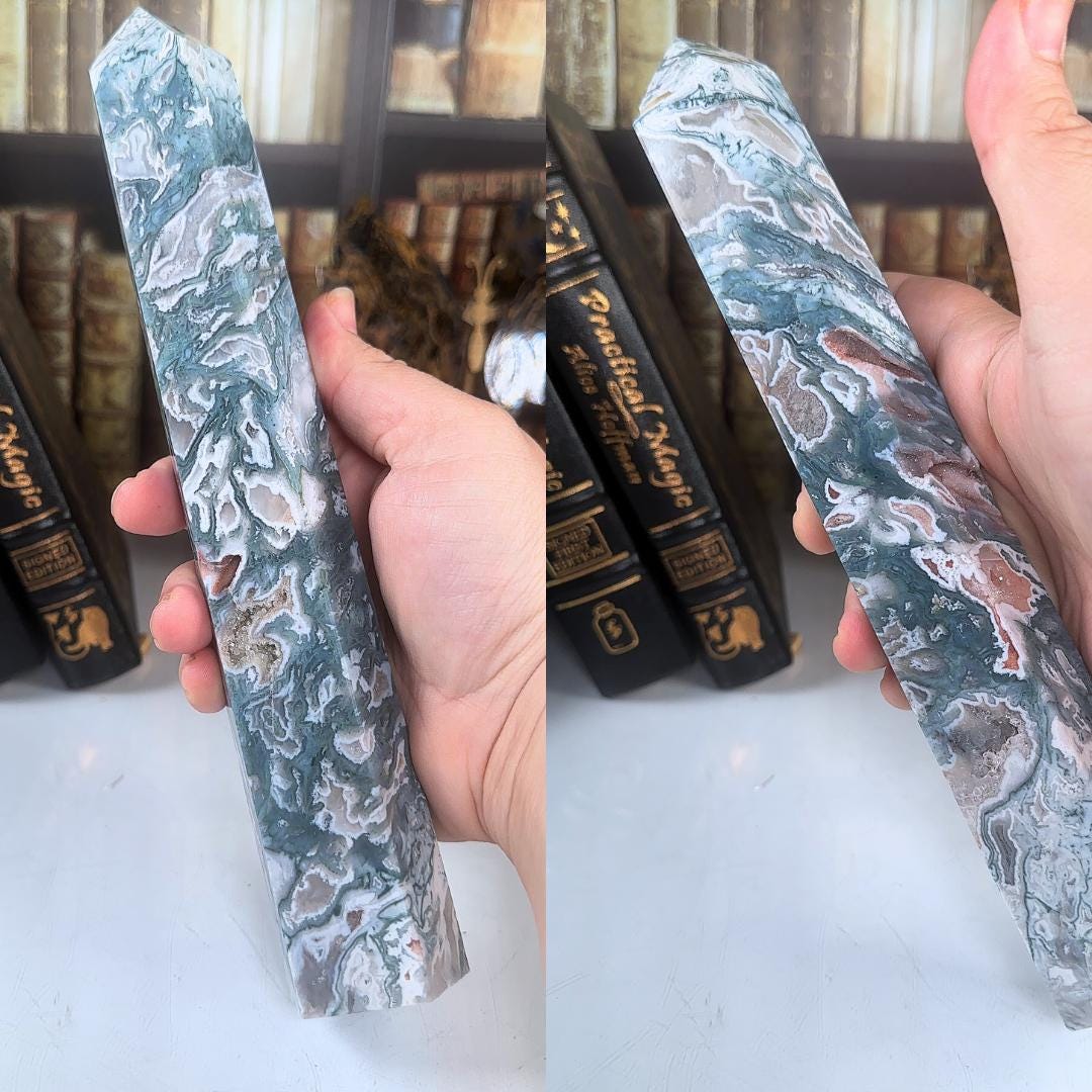 Large Pink Moss Agate Tower | US Seller | Crystal Gemstone Throat Chakra Energy Healing Altar Feng Shui