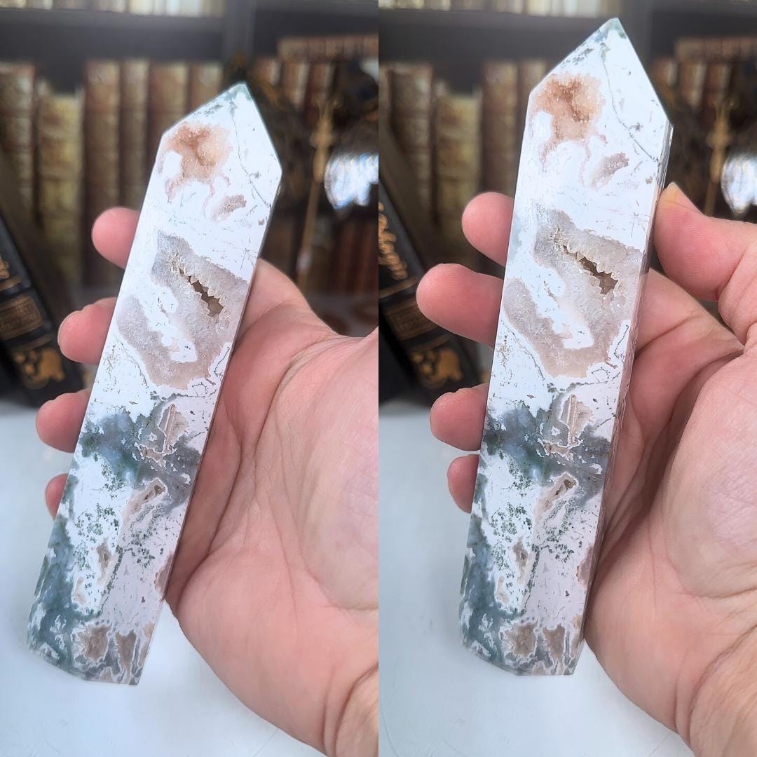Large Pink Moss Agate Tower | US Seller | Crystal Gemstone Throat Chakra Energy Healing Altar Feng Shui