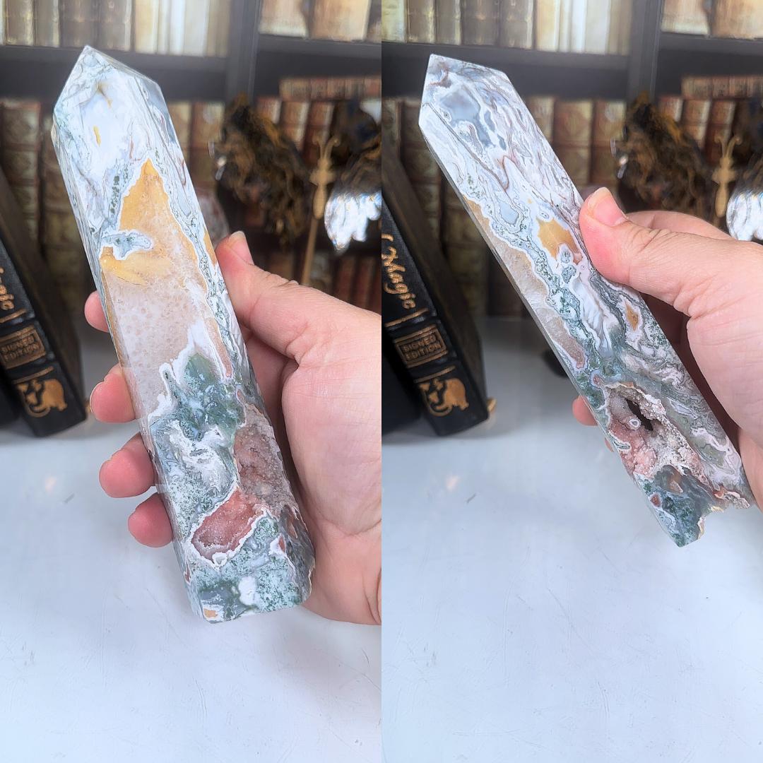 Large Pink Moss Agate Tower | US Seller | Crystal Gemstone Throat Chakra Energy Healing Altar Feng Shui