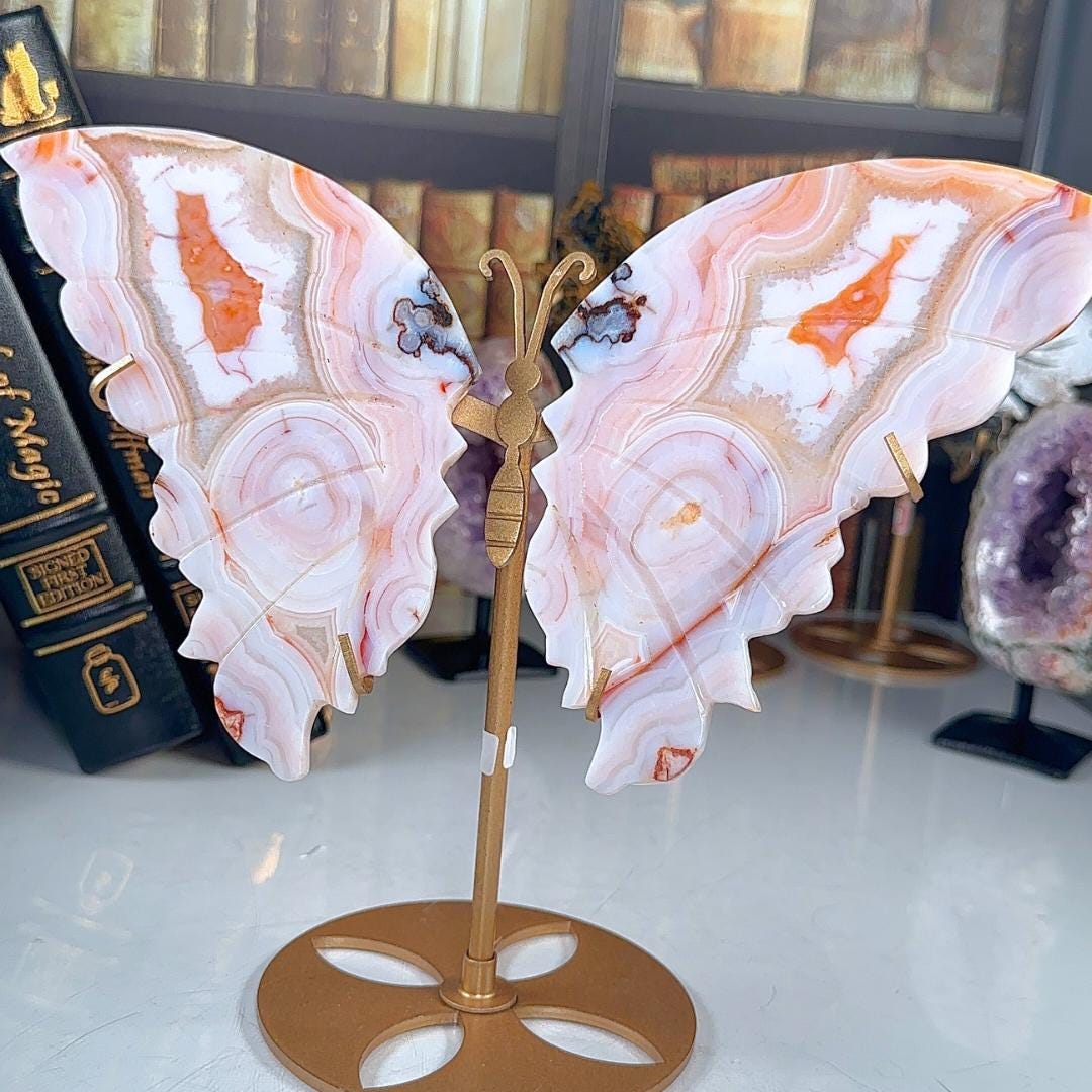 Flower Agate Carnelian Crystal Wings | Stone Carving Sculpture Healing Altar Reiki Feng Shui Altar
