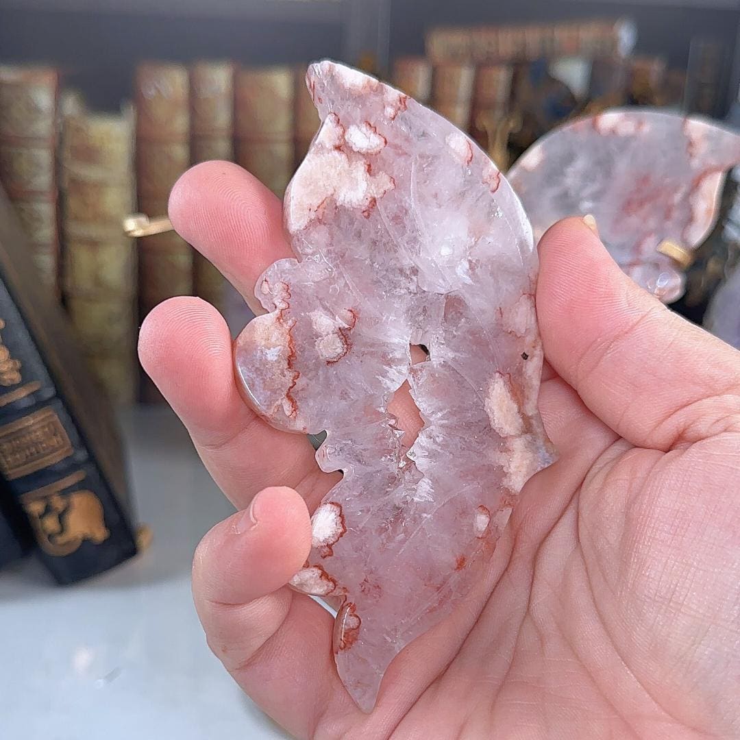 Flower Agate Pink Amethyst Crystal Wings | Stone Carving Sculpture Healing Altar Reiki Feng Shui Altar