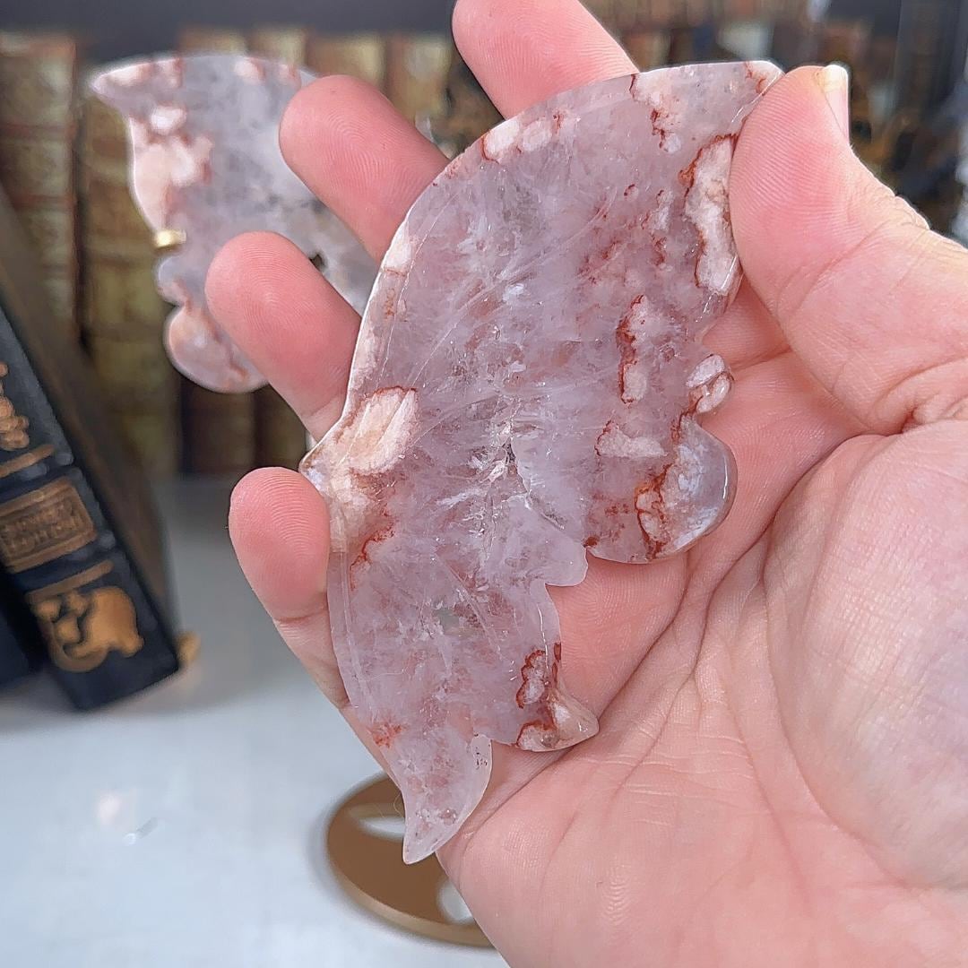 Flower Agate Pink Amethyst Crystal Wings | Stone Carving Sculpture Healing Altar Reiki Feng Shui Altar