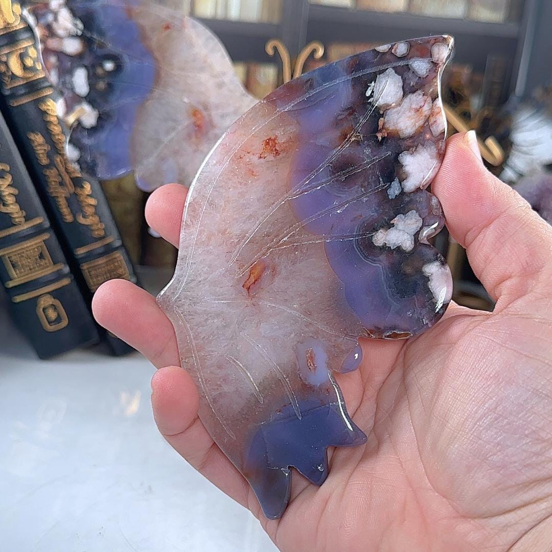 Blue Flower Agate Wings With Stand | High Quality Crystal | Flower Agate | US Seller