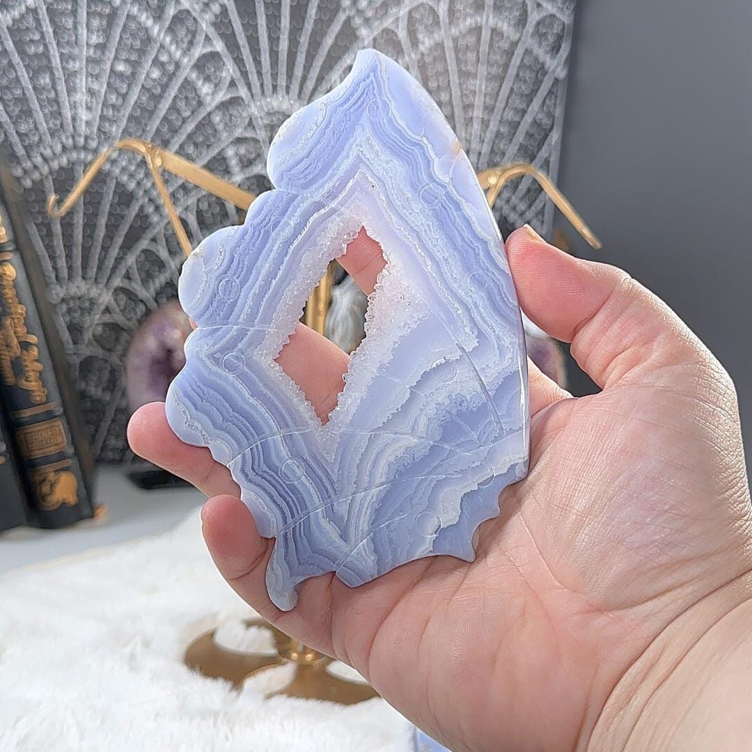XL Druzy Blue Lace Agate Wings Crystal Carving | US Seller
