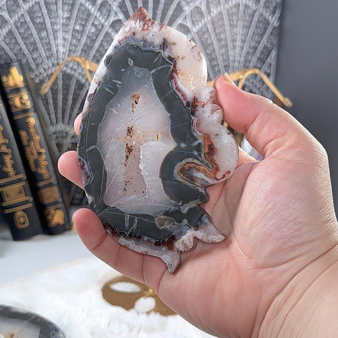 Druzy Black & Red Agate Crystal Wings | Stone Carving Sculpture Healing Altar Reiki Feng Shui Altar