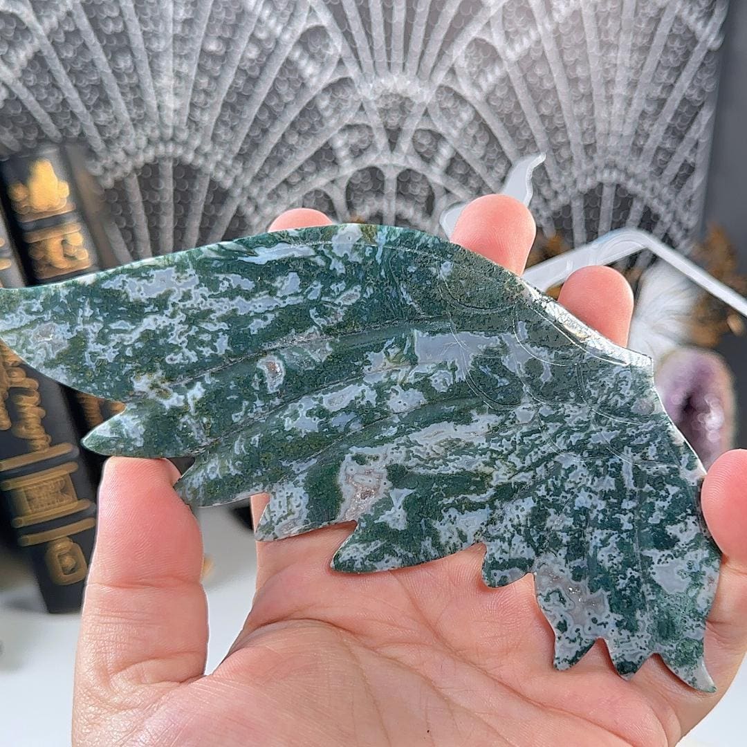 Druzy Green Moss Agate Angel Wings | Crystal Carving Statement Piece | US Seller