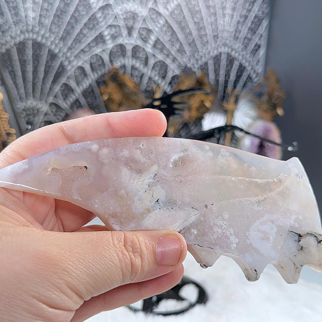 Flower Agate Crystal Dragon Wings | Stone Carving Sculpture Healing Altar Reiki Feng Shui Altar