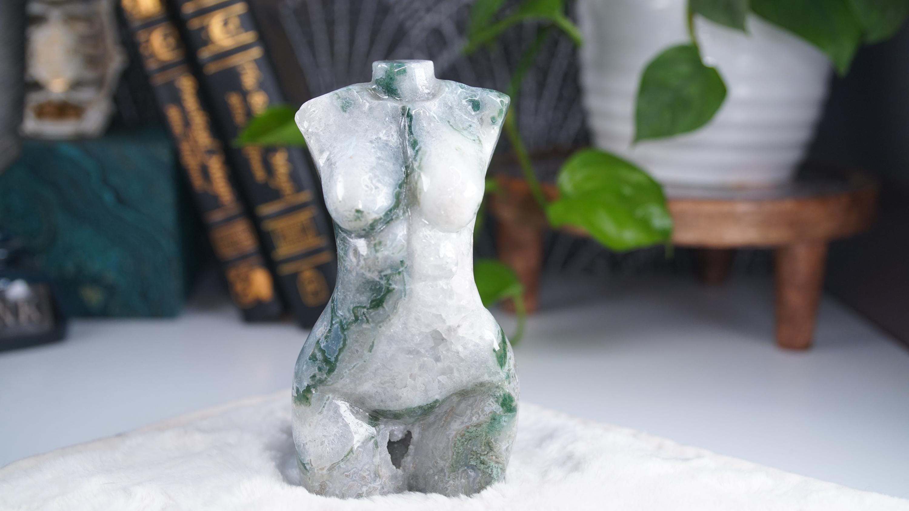 Druzy Moss Agate Goddess Lady Body | Crystal Carving Statement Piece | US Seller