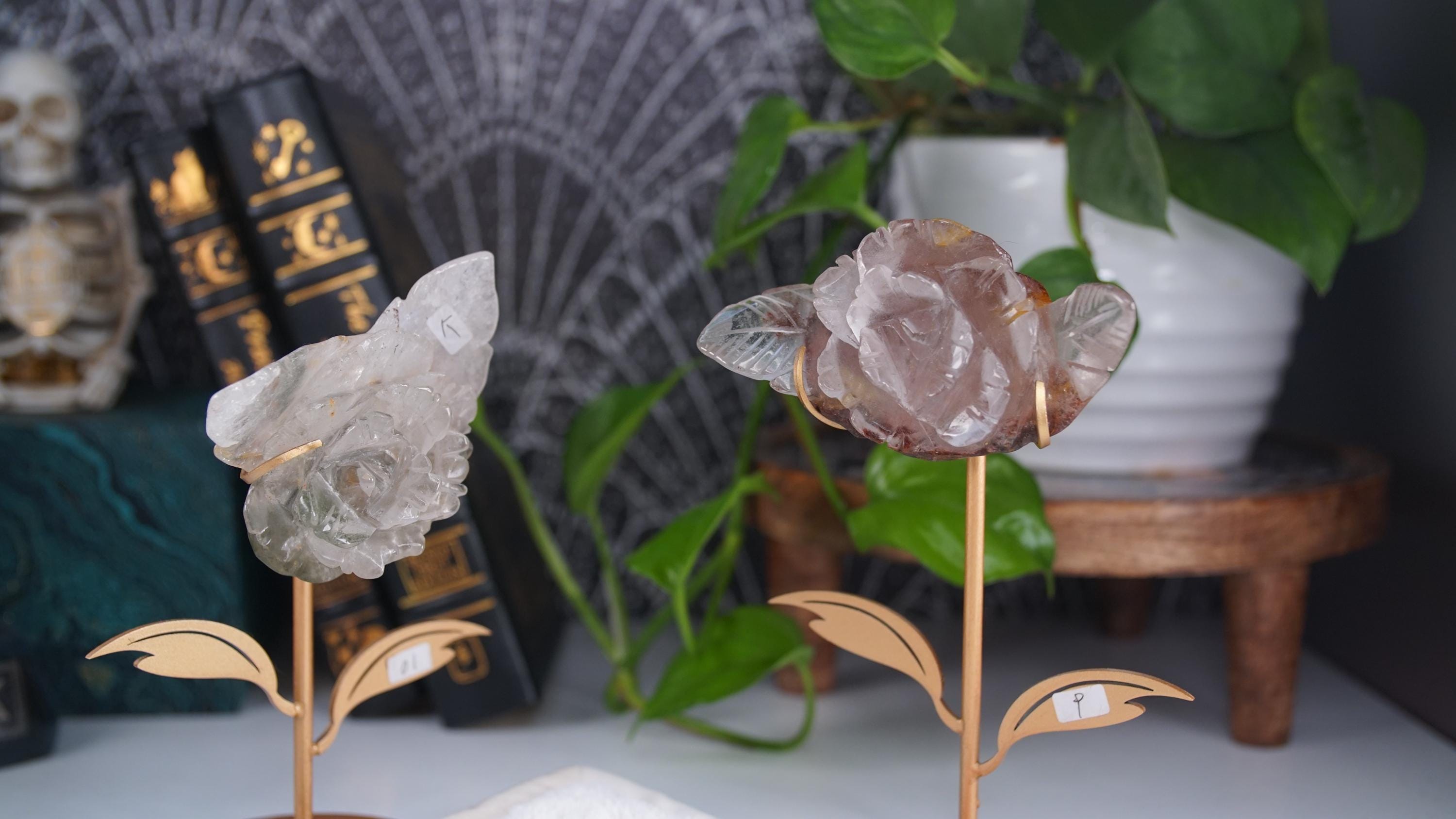 Garden Quartz Flower Carving With Stand | Lodolite With Inclusions Crystal Carving