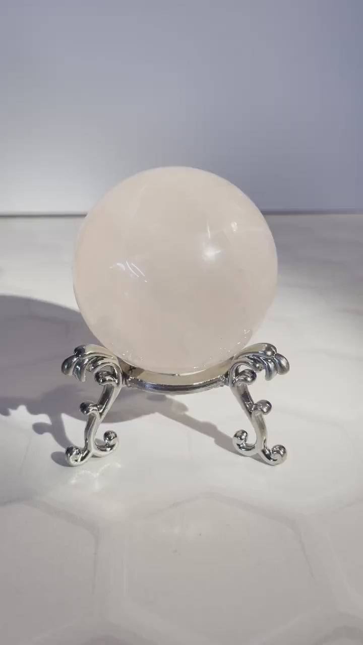 Starlight Rose Quartz Sphere With Art Deco Inspired Stand, High Quality Crystal Sphere Pink Star Rose Quartz Centerpiece Reiki Healing