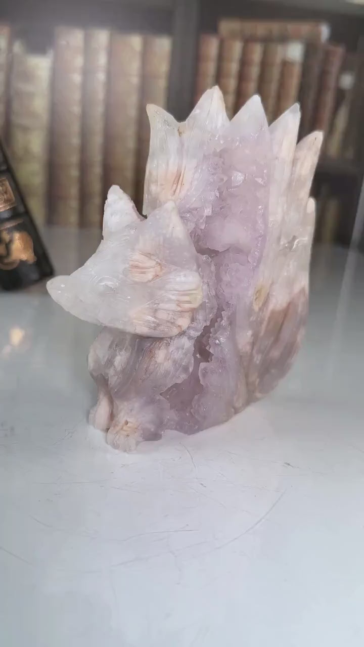 Druzy Flower Agate Pink Amethyst Fox Crystal Carving Geode Statement Piece