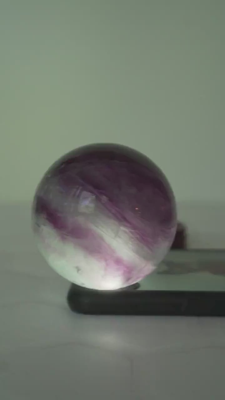 Watermelon Fluorite Crystal Sphere With Stand Healing Stone Reiki Energy Feng Shui Home Office