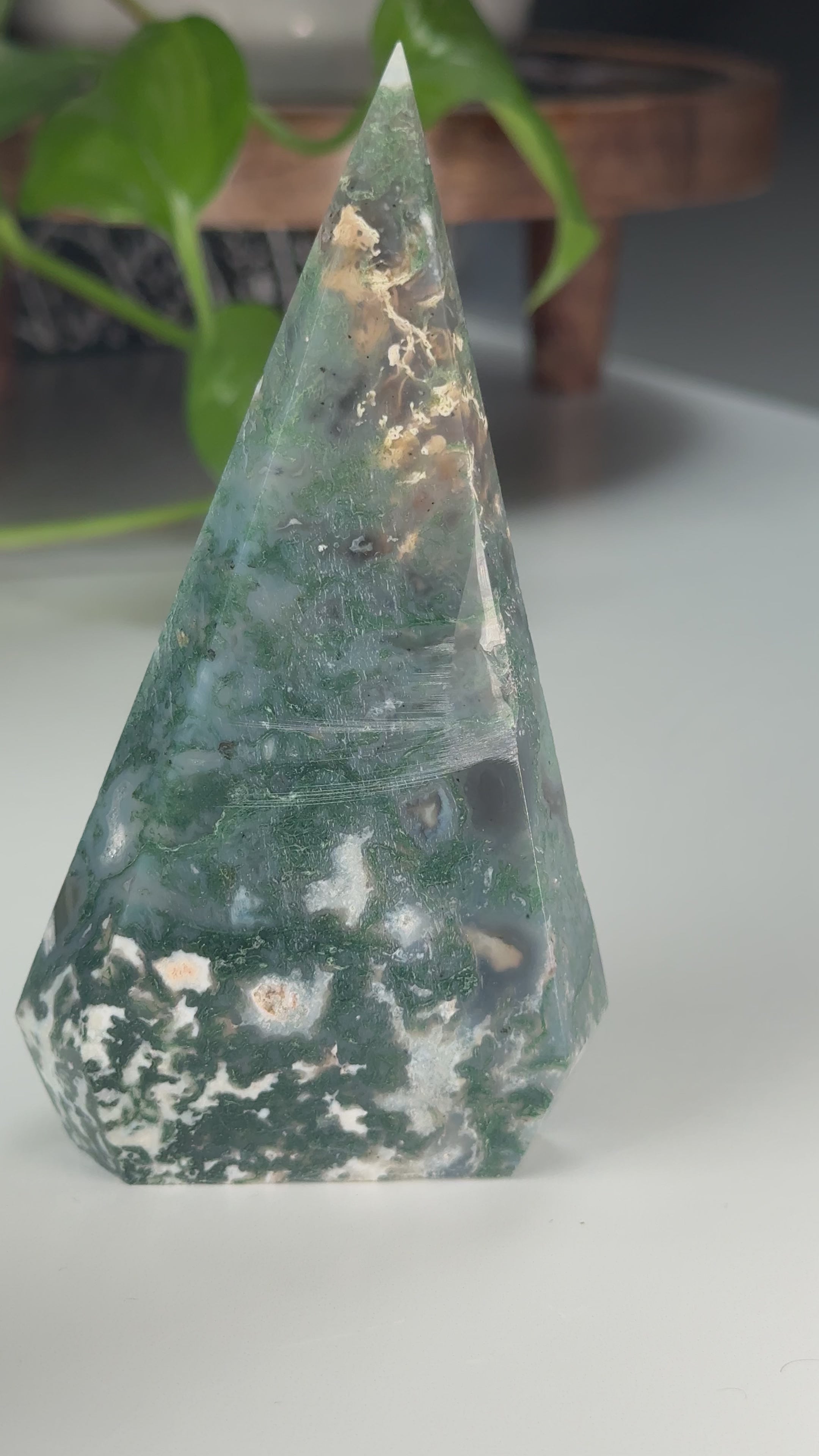 Moss Agate Diamond Flame | Flame Freeform Crystal Carving Statement Piece