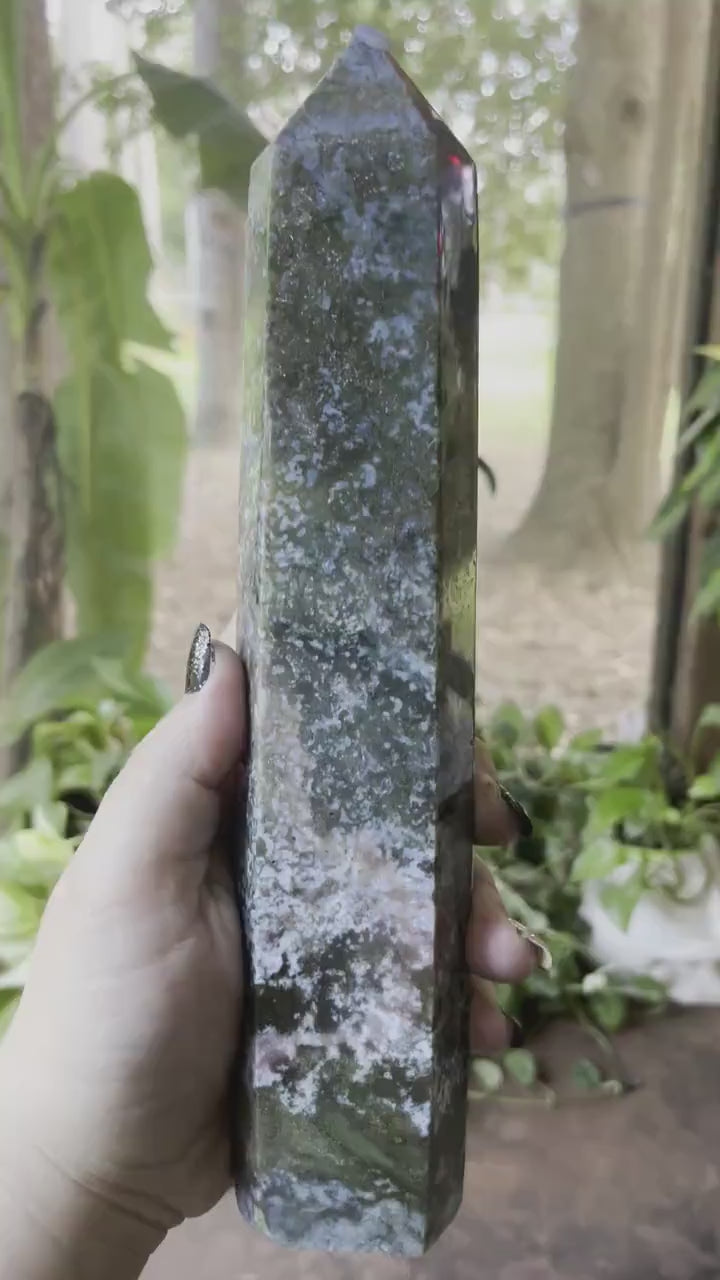 Extra Large Moss Agate Tower With Purple And Pink Coloring Reiki Manifestation Energy Healing