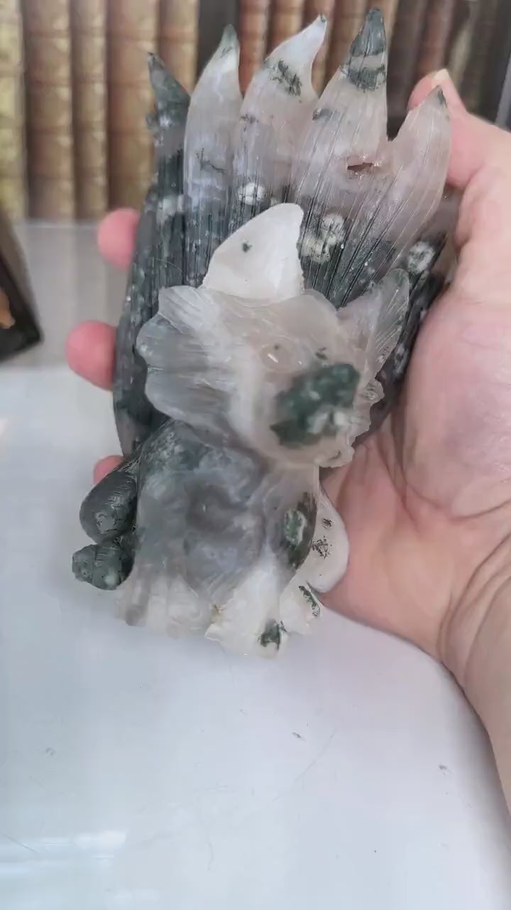 XL Druzy Moss Agate Fox Crystal Carving Geode Statement Piece