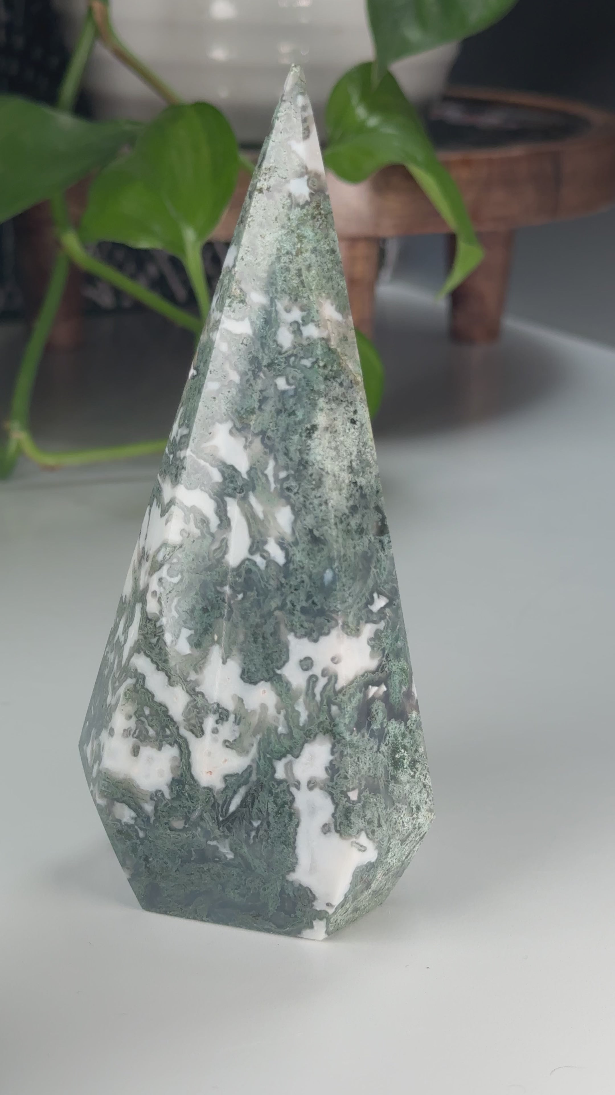 Moss Agate Diamond Flame | Flame Freeform Crystal Carving Statement Piece