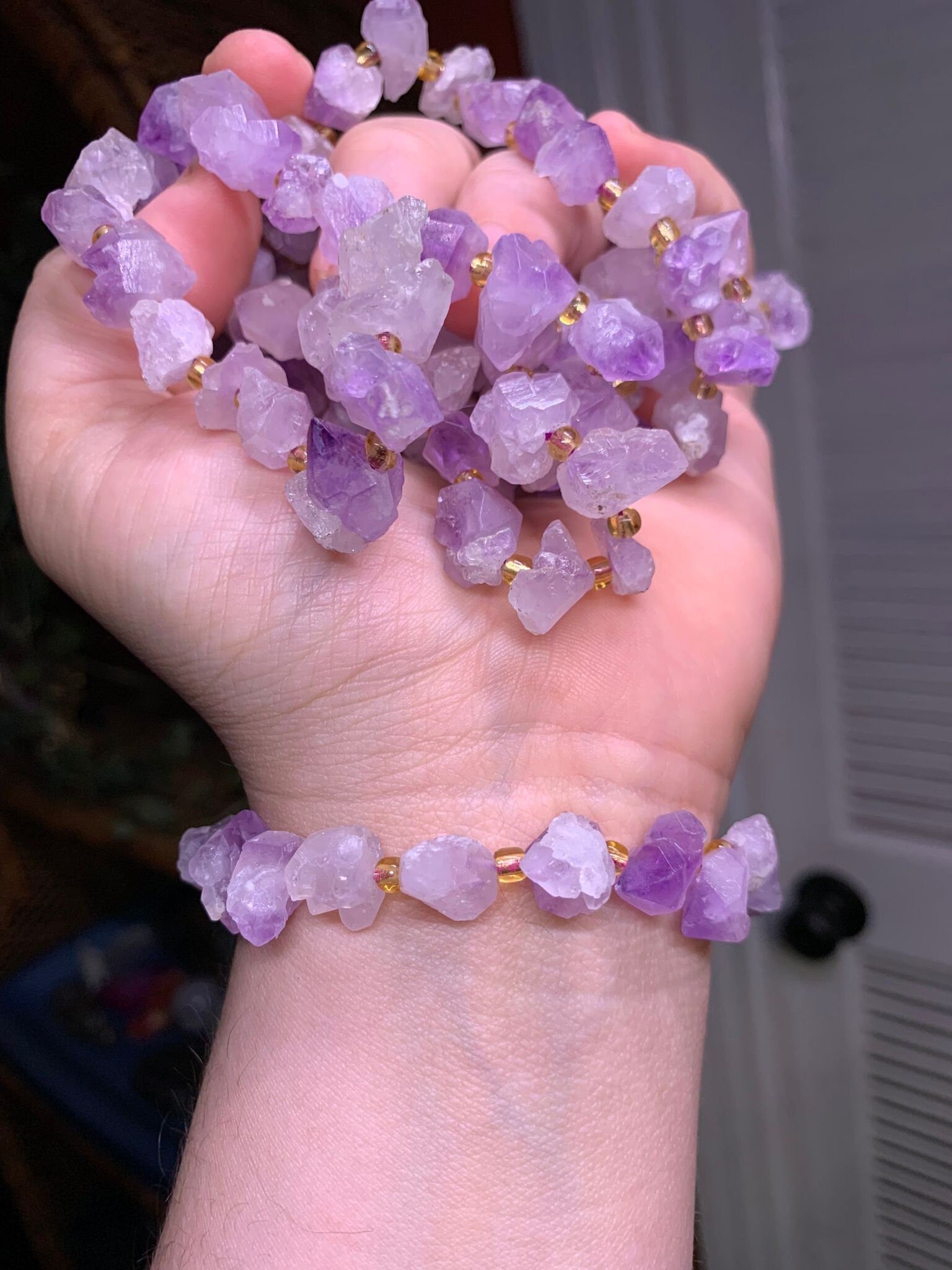 Raw Amethyst Bracelet, Raw Gemstone Necklace, Healing Quartz Crystal Bracelet, Crystal Heal, Crystal Jewelry, Amethyst Bracelet, Spiritual shown on wrist