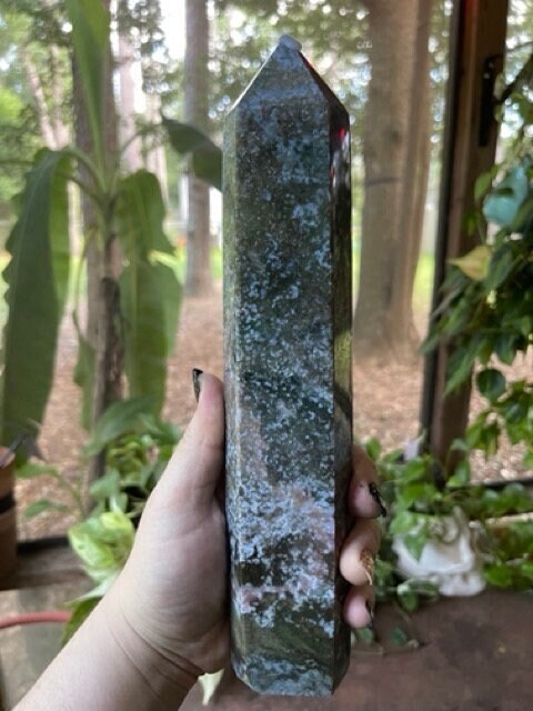 Extra Large Moss Agate Tower With Purple And Pink Coloring Reiki Manifestation Energy Healing