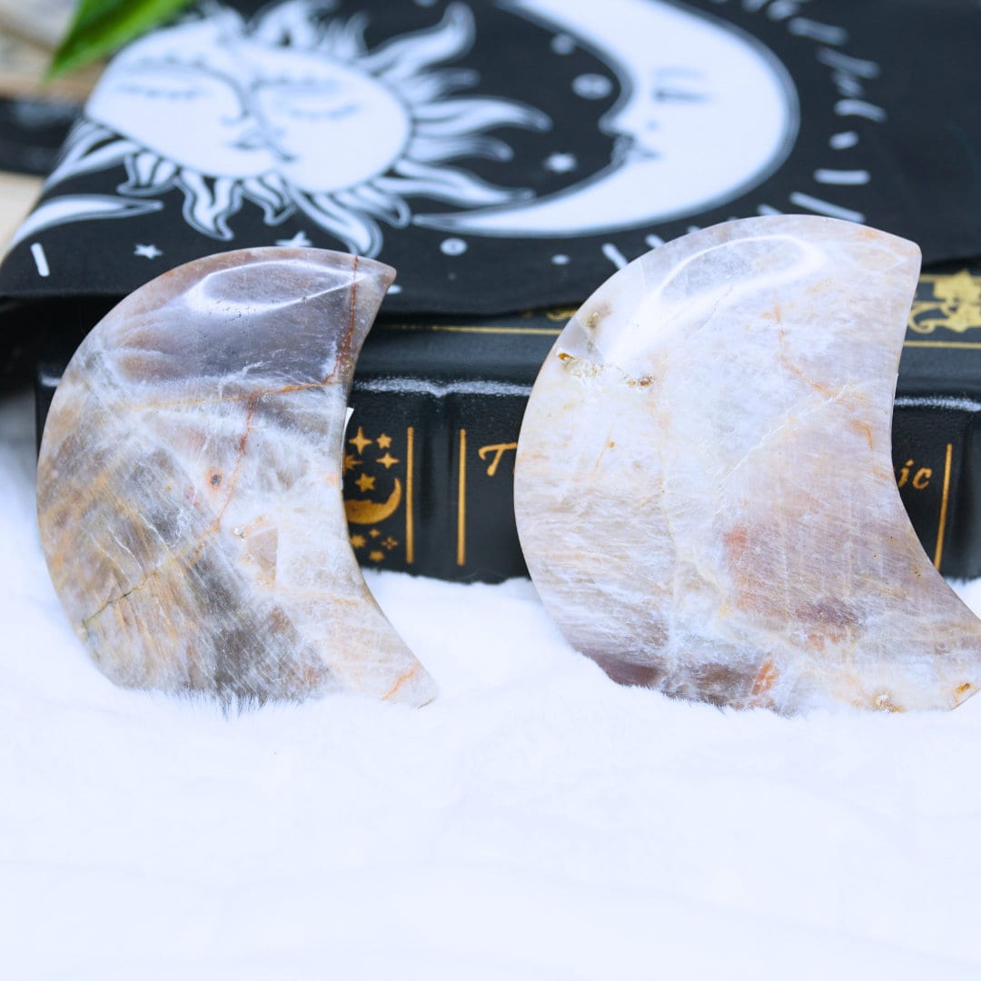 High Quality Blue Moonstone and Sunstone Moon Carving, Chakra Healing, Reiki Healing Altar Balance Intuition