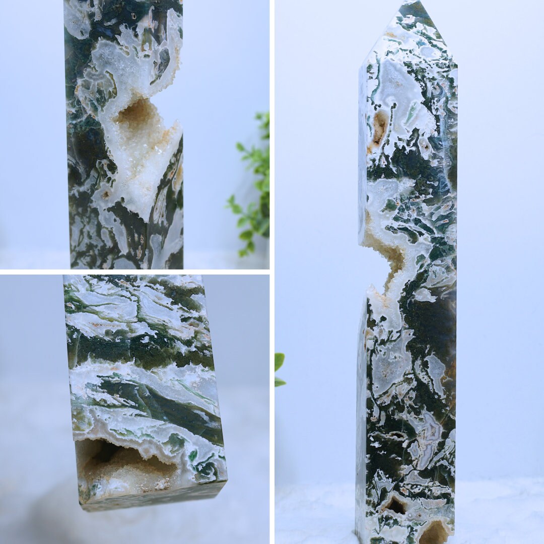 HUGE XL Moss Agate Tower Crystal Wand Point Green Crystal Tower Healing Obelisk-Spiritual Protection Meditation Energy Reiki