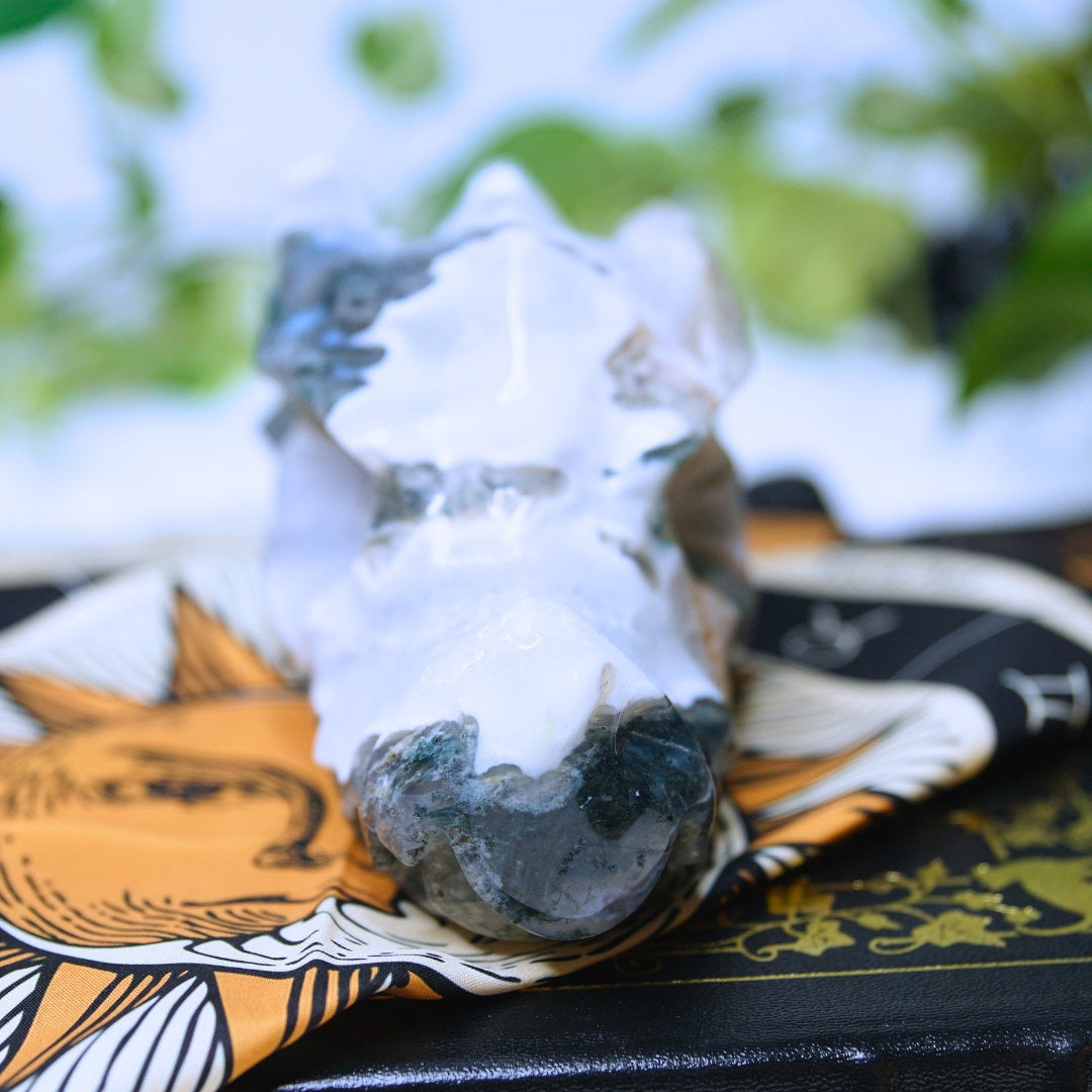 Moss Agate Dragon Head Healing Crystal Druzy Moss Agate Carving Stone Statue Energy Goddess Body Energy Reiki Altar