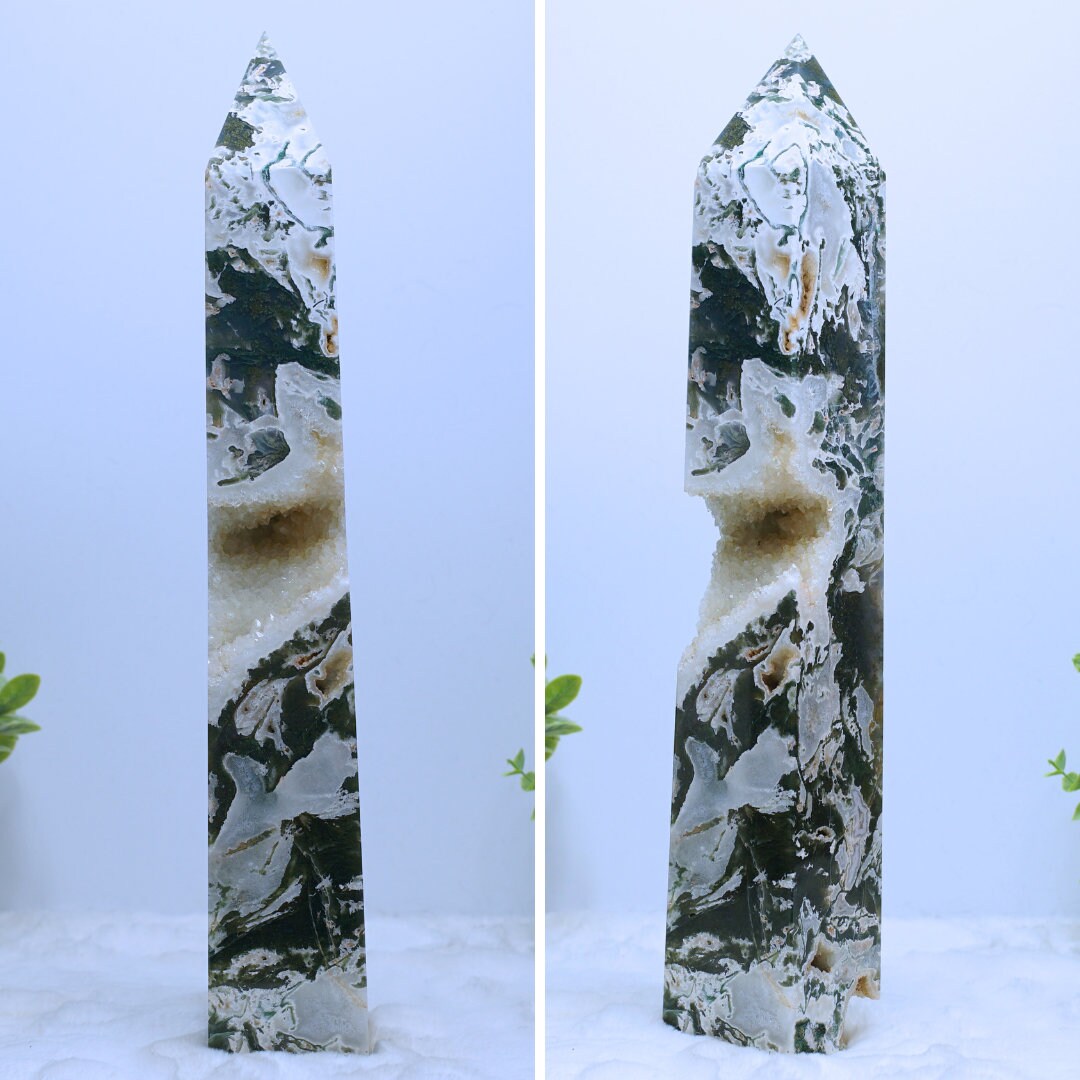 HUGE XL Moss Agate Tower Crystal Wand Point Green Crystal Tower Healing Obelisk-Spiritual Protection Meditation Energy Reiki